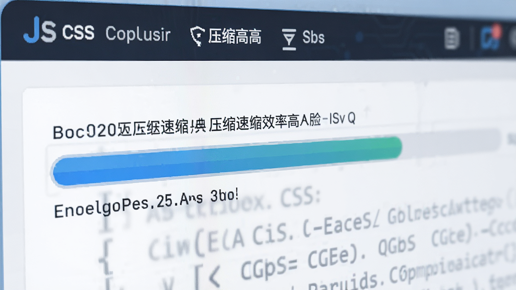 图片主体为JS CSS压缩工具的操作界面特写,布局规整,顶部菜单栏清晰。界面中展示了一个进度条正在处理大量代码文件,风格专业科技感,细节突出压缩速度快、效率高,画质干净明亮,无多余元素。