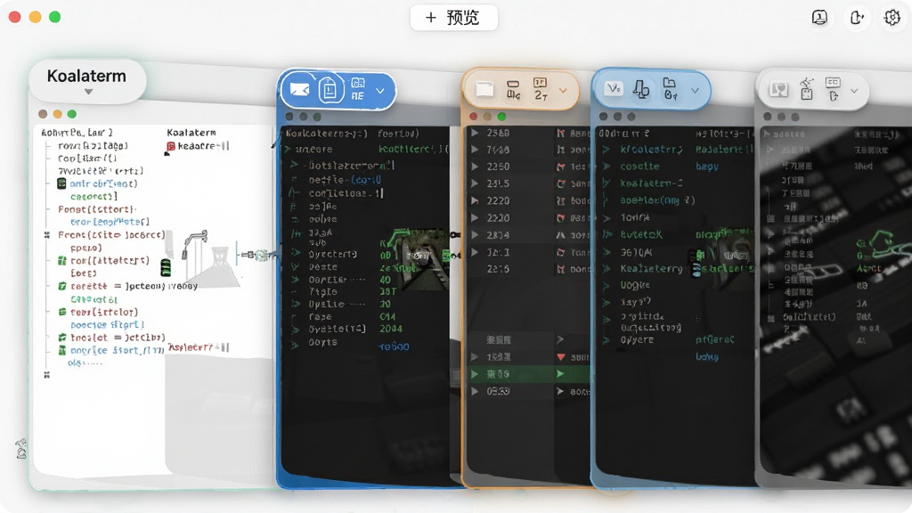 Koalaterm多标签页功能预览,多个终端标签并排显示,每个标签内容不同,背景高亮当前标签,界面整洁,现代风格,画质干净,无多余元素