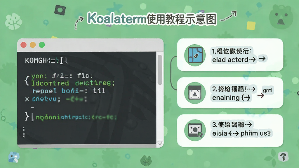 Koalaterm使用教程示意图,显示终端窗口内输入命令,旁边有步骤说明,界面友好,扁平化设计,画质干净,无多余元素