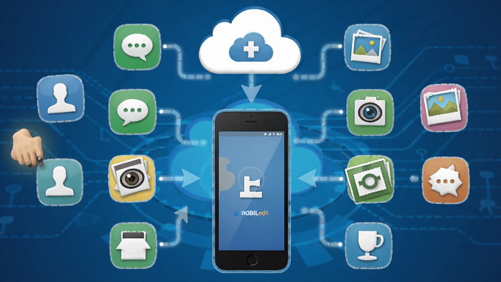 һ��չʾMOBILedit���ݻָ����ܵ�ʾ��ͼ������������һ�������ֻ�����Χ��������ϵ�ˡ����š���Ƭ������ͼ�꣬ȫ��ָ��һ���ƴ洢ͼ�꣬����Ϊ��ɫ�Ƽ���񣬲��ּ�࣬�����������޶���װ�Σ�ͻ�����ݰ�ȫ���ݵ����⡣