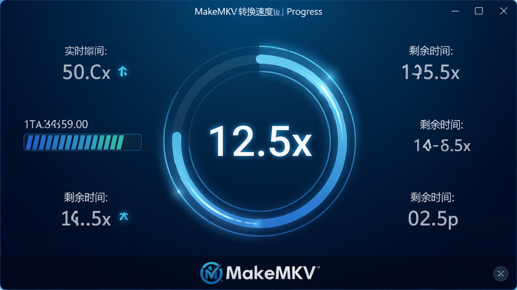 ���壺MakeMKVת���ٶȲ��Խ��棬��ʾ����ת���Ľ��������ٶ����֡����֣�������Բ�ν��Ȼ�����Χ��ʾʵʱ�ٶȡ�ʣ��ʱ�䡣�Ű棺���ݶ�̬ˢ�£���ֱ�ۡ���񣺿Ƽ��У��������䱳����ϸ�ڣ����Ȼ����й�Ч���ٶ������硰12.5x��������ʾ���ײ��С�MakeMKV��Logo�����ʣ����壬�ɾ����޶���Ԫ��