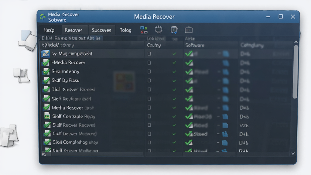一张展示Media recover软件恢复成功界面的图片,主体是软件窗口内显示恢复完成列表,文件前有绿色对勾标志,背景为简洁的浅白色桌面,布局清晰,风格商务,细节突出,画质干净,无多余元素