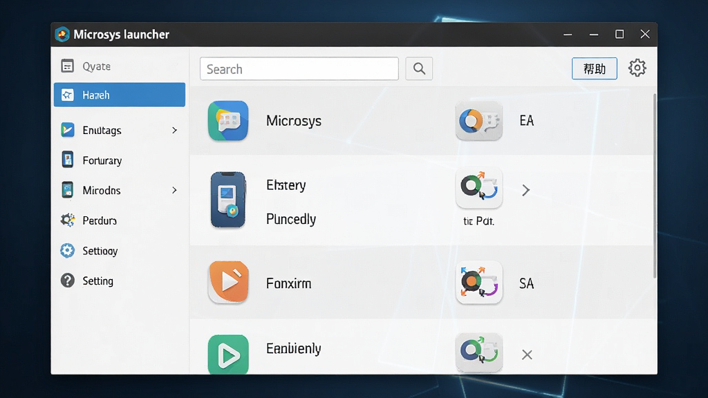 չʾMicrosys launcher �����н��棬����Ϊ���������ڣ�����Ϊ�����������Ҳ�Ӧ���б�������ִ���࣬ϸ�ڰ������������ð�ť����������������������ʾ��Microsys launcher���͡��������˵�