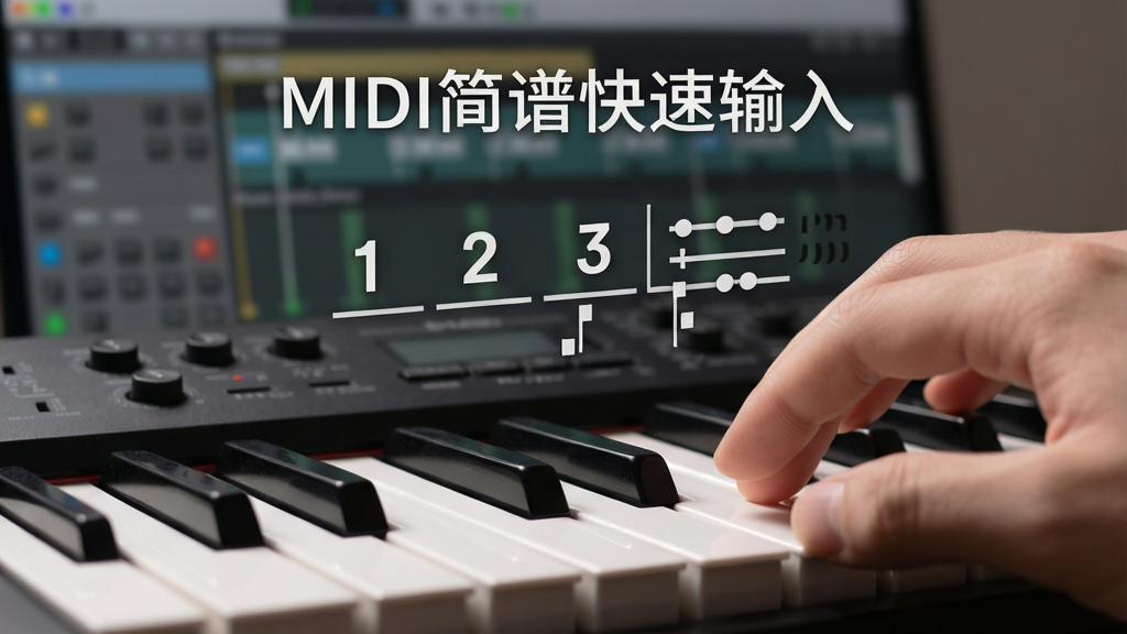 һ����д��ͷ������������MIDI��������ָ�����ټ��������Ϸ������Ŷ�Ӧ�ļ������֡�1 2 3���ͽ����߷��ţ�����Ϊ�黯�������������棬��ע��MIDI���׿������롱�����дʵ����Ӱ��ͣ�����ϸ�壬�ɾ��޶���Ԫ��
