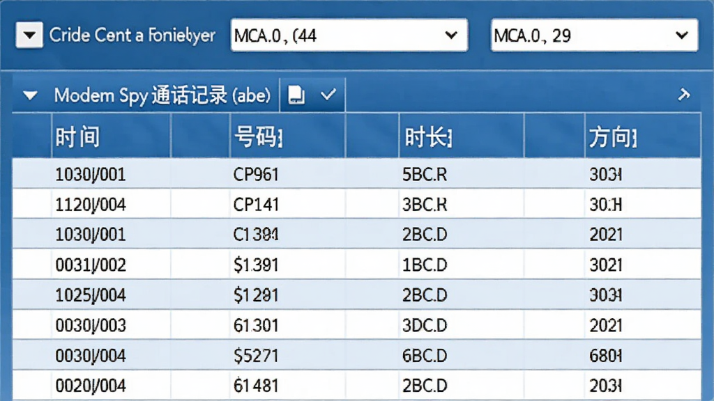 Modem Spyͨ����¼���񣬰���ʱ�䡢���롢ʱ���������У�ɸѡ������λ�ڶ����������������룬����������������������ɫ������ϸ��