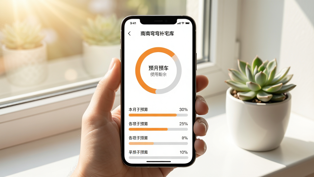 手机屏幕展示南弯弯补宅库的预算监控页面,一个环形进度条显示本月预算使用情况,已用部分为橙色,剩余部分为浅灰色,下方列出各项子预算进度条。背景为简约的室内窗台,阳光洒落,旁边放着一盆多肉植物。布局居中,排版清晰,风格清新自然,细节精致,画质高清,干净无多余元素。