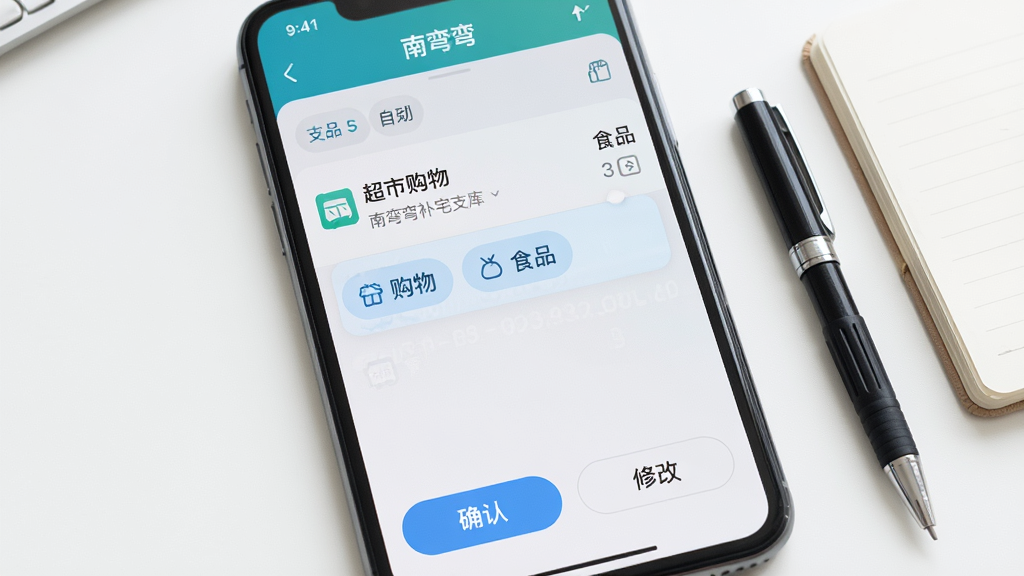 手机屏幕特写,展示南弯弯补宅库的记账页面,页面中有一笔刚记录的