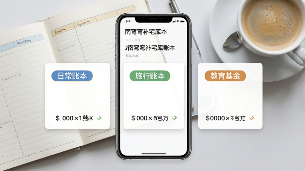 手机屏幕展示南弯弯补宅库的账本列表页面,页面中并排显示三个账本卡片,分别标注