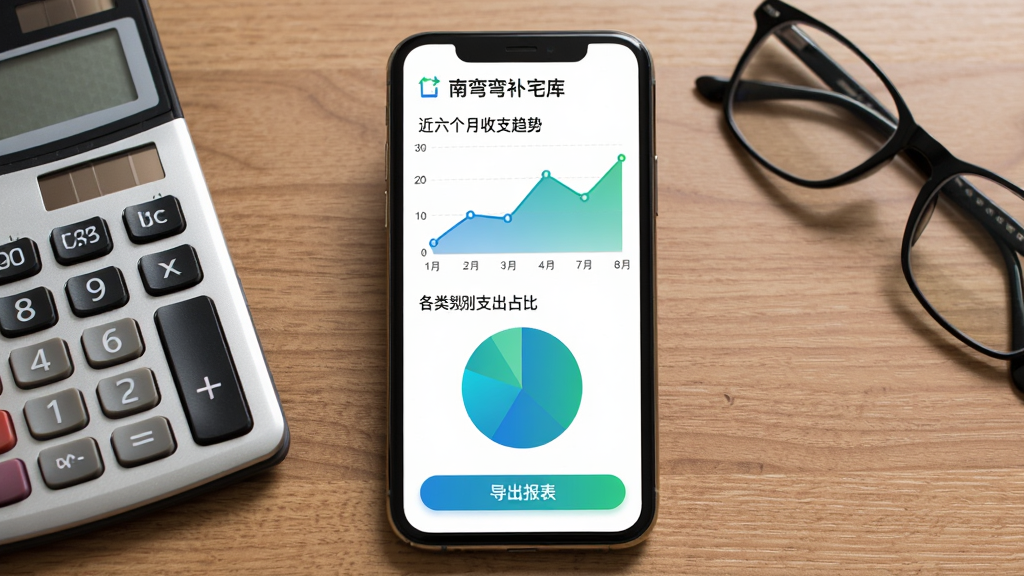 手机屏幕展示南弯弯补宅库的统计报表页面,页面上方为折线图展示近六个月收支趋势,下方为饼图展示各类别支出占比,图表配色为蓝绿渐变,底部有