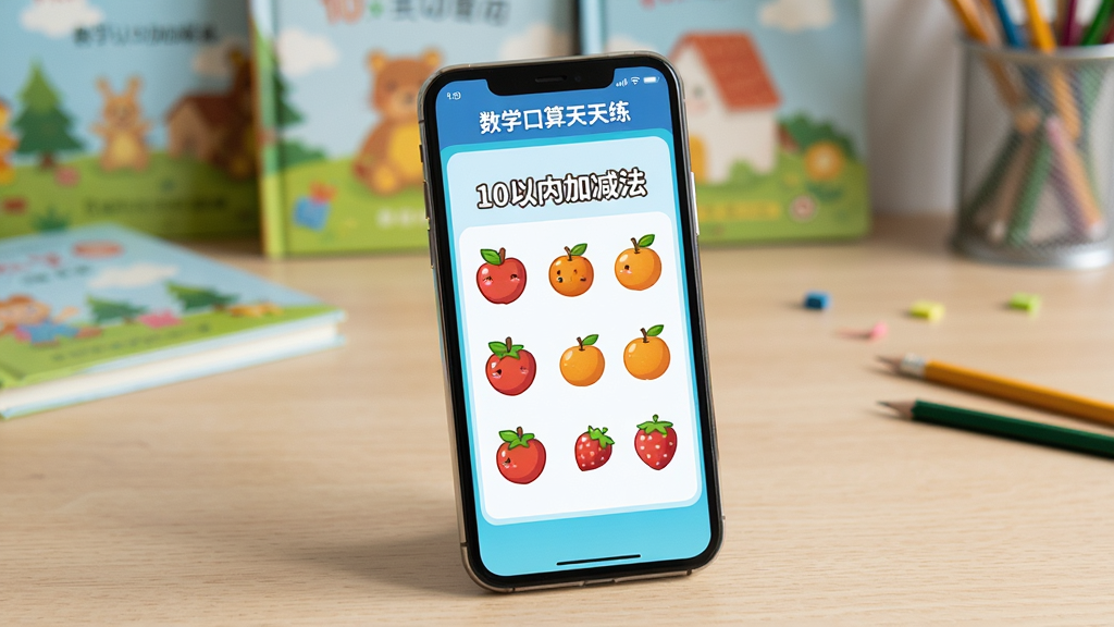 图片主体为一部正在运行“数学口算天天练”的智能手机,屏幕清晰显示着“10以内加减法”的练习界面,界面上有可爱的水果图标作为计数工具。手机斜放在一张浅木色书桌上,背景是虚化的儿童书房,有绘本和铅笔。布局采用手机居中构图,屏幕内容醒目。风格为写实摄影风格,光线柔和,细节清晰,画质干净,无多余元素。