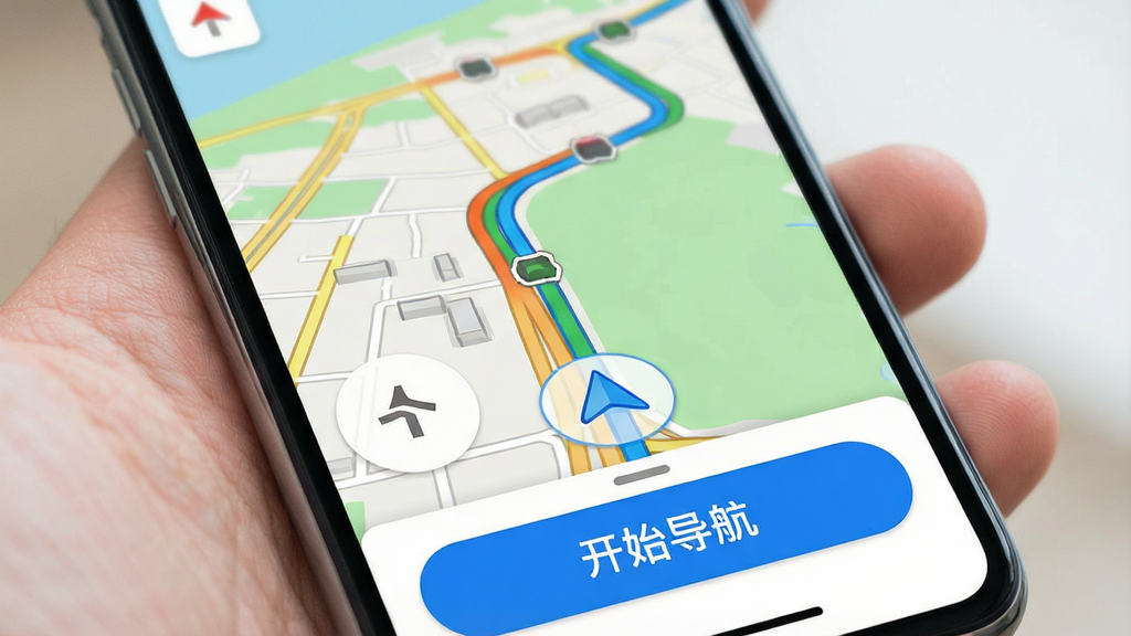 一张智能手机屏幕显示手机导航实时应用界面的高清图片,界面包含彩色地图路线、蓝色箭头指示、底部有“开始导航”按钮,整体风格简洁明亮,布局清晰,画质细腻,干净无多余元素