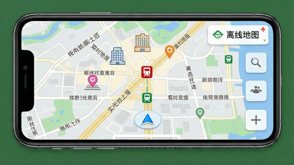 手机导航实时应用展示高清城市地图的界面,地图上清晰标注地标建筑、道路名称、地铁站图标,右上角有“离线地图”下载提示,整体风格专业,色彩分明,画质精细,干净无多余元素