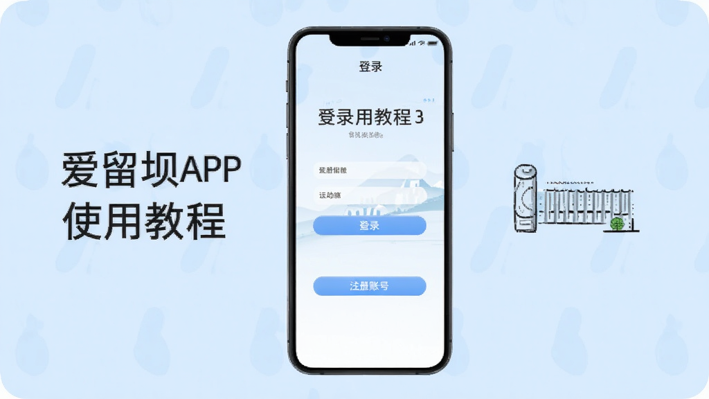 爱留坝APP使用教程图示,手机屏幕显示登录页面,下方有“注册账号”按钮,背景为浅蓝色,界面简洁,文字清晰,画质干净