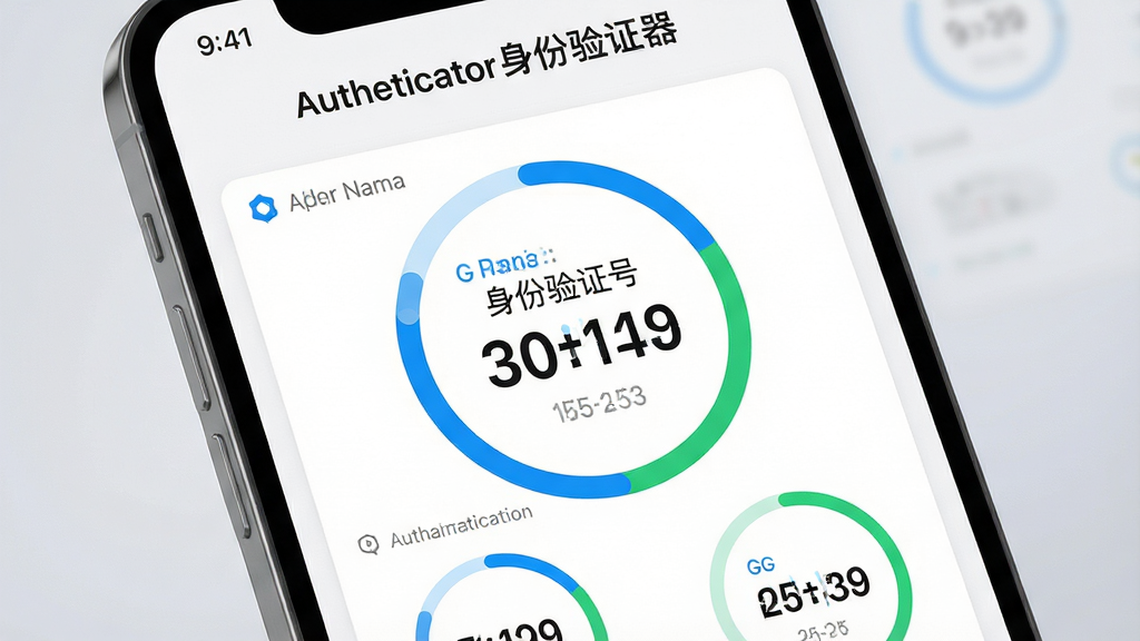 画面主体为一部智能手机屏幕特写,屏幕中清晰显示“Authenticator身份验证器”的应用主界面,界面中排列着多个带有动态倒计时圆环的验证码条目,每个条目包含服务名称、账号信息和六位数字验证码。布局采用居中构图,手机略微倾斜,背景为柔和的浅灰色渐变,突出应用界面。排版简洁干净,风格现代科技感,细节上注意验证码数字清晰可辨,倒计时圆环呈蓝色或绿色。画质为高清渲染,干净无多余元素。