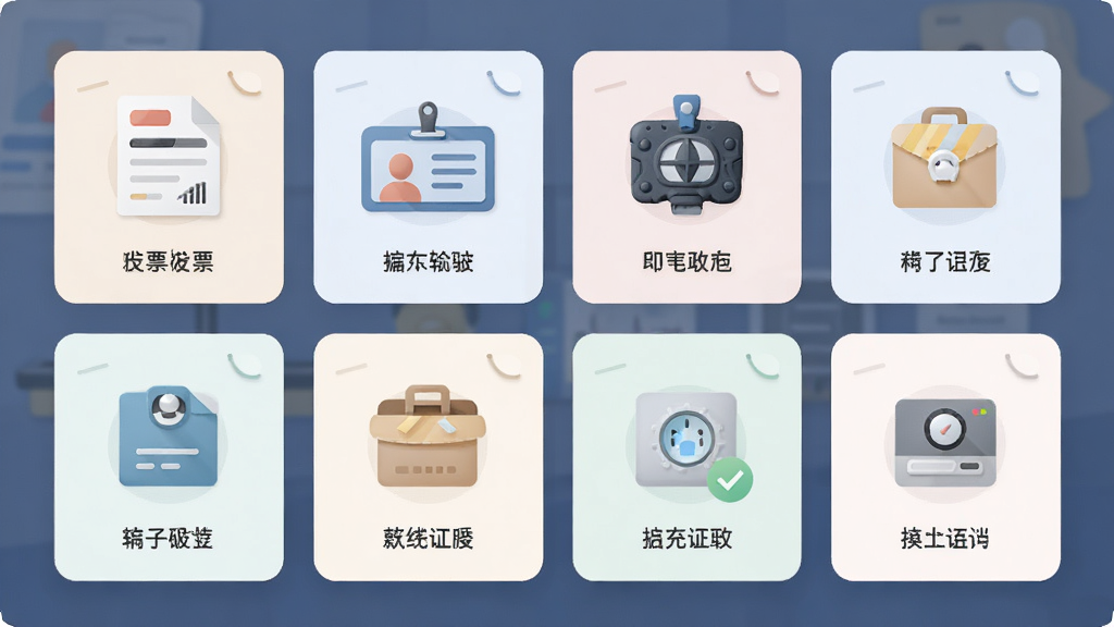 电子税务发票助手展示多种票据和证件的分类图标,包括发票、身份证、驾驶证等,界面采用卡片式布局,色彩柔和,风格扁平化,细节精致,画质高清,无多余元素