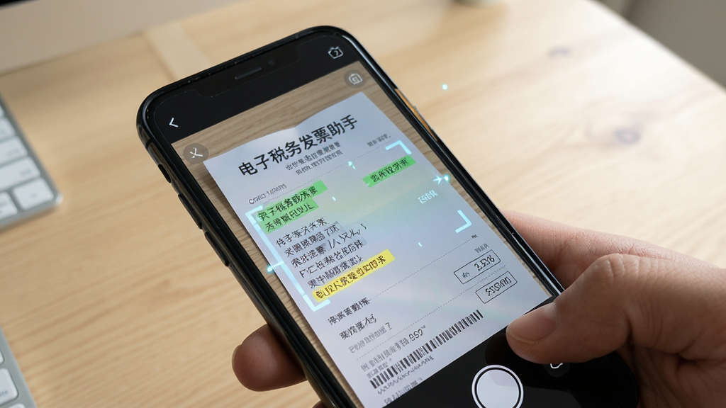 电子税务发票助手扫描发票的界面,手机摄像头对准一张电子发票,屏幕上自动识别并高亮显示关键字段,背景为浅色桌面,风格写实,细节丰富,画质清晰干净,无多余元素