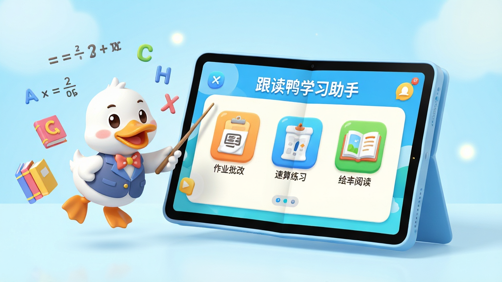 画面中央是一本翻开的立体智能学习平板,屏幕中显示“跟读鸭学习助手”的彩色应用界面,包含作业批改、速算练习、绘本阅读等图标。平板左侧悬浮着一只可爱的卡通鸭子老师,正用教鞭指向屏幕,周围散落着数学公式、英文字母和彩色书本。整体背景为清新的淡蓝色渐变,带有柔光特效,风格明亮活泼,细节精致,画质高清,干净无多余元素。