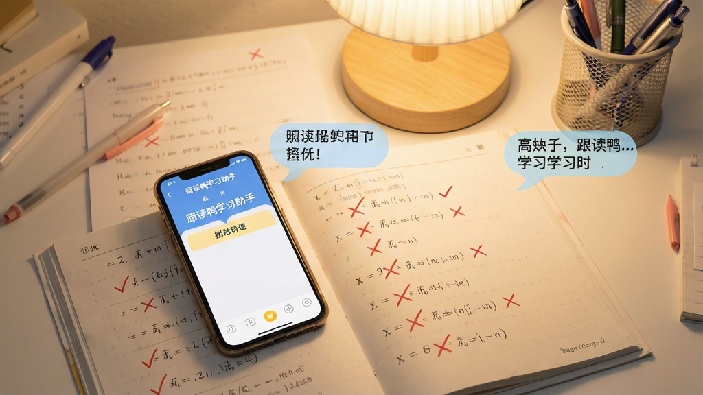 一张俯拍的书桌场景,桌面上摆放着摊开的数学作业本和一部智能手机,手机屏幕显示“跟读鸭学习助手”批改界面,作业本上红色的对勾和叉号清晰可见,旁边有浮动的高亮解析文字气泡。背景是温馨的台灯光晕和笔筒,整体色调柔和,构图整洁,画质清晰,干净无多余元素。