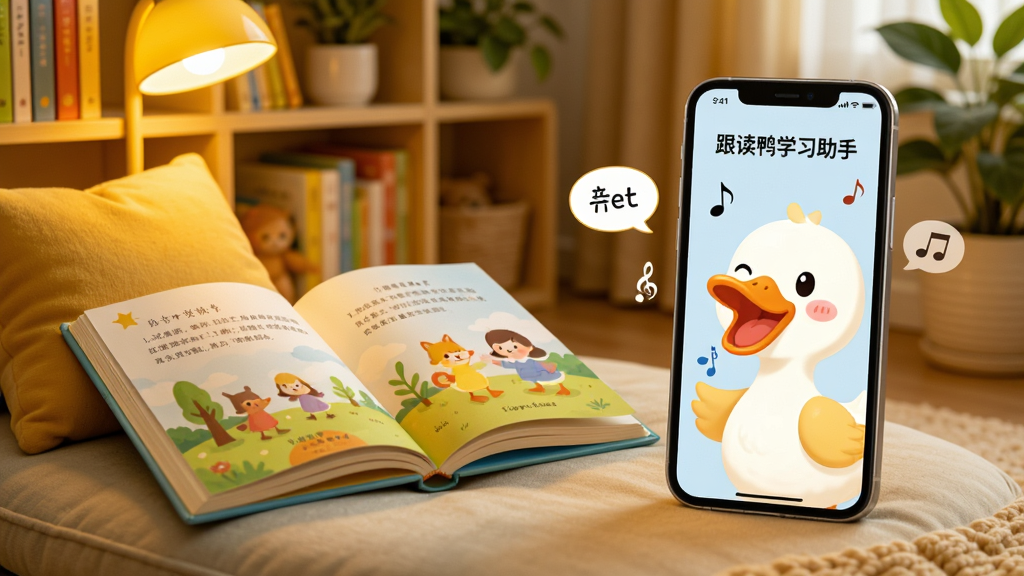 一个温馨的儿童阅读角,柔软的坐垫上放着一本打开的彩色绘本,旁边有一部手机,屏幕显示“跟读鸭学习助手”的绘本跟读界面,画面中一只卡通鸭子正在发音示范,嘴巴张开,周围有音乐符号和单词气泡。背景是书架和绿植,暖黄色灯光,风格温馨可爱,画质细腻,干净无多余元素。