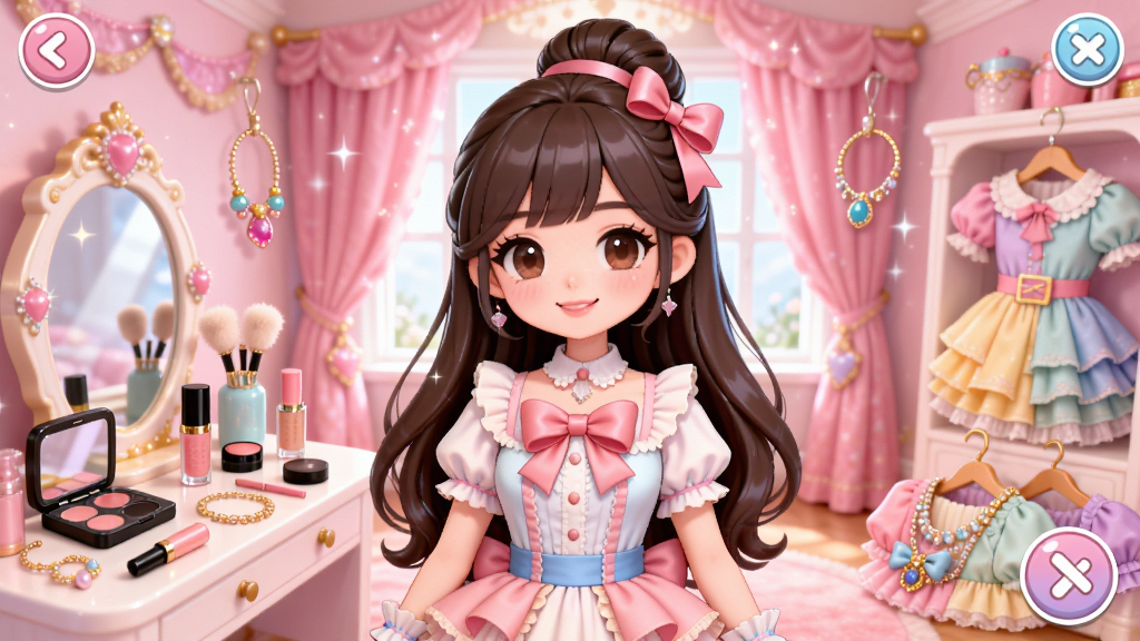 ����Ůױ��ʦ��Ϸ������Ԥ��ͼ��չʾһλ�ɰ���Ů��ɫվ���λ÷�ɫ�������У���Χ�����Ÿ��ֻ�ױƷ��������Ư���������������ܰ��UI������������ʸ��壬�ɾ��޶���Ԫ��