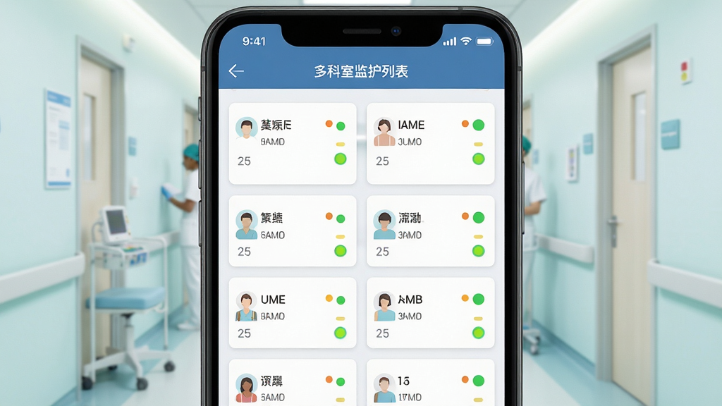 ICU���������Ķ���Ҽ໤�б������ͼ������Ϊ�ֻ���Ļ��д����Ļ��չʾ������߿�Ƭ��ÿ�ſ�Ƭ�������������źͲ�ɫ״ָ̬ʾ�ƣ�����ΪǳɫҽԺ���ȣ����ֲ��þ��й�ͼ���Ű���ˬ�����Ϊ�ִ���ƽ����ƣ�ϸ�����������ʸɾ��޶���Ԫ��