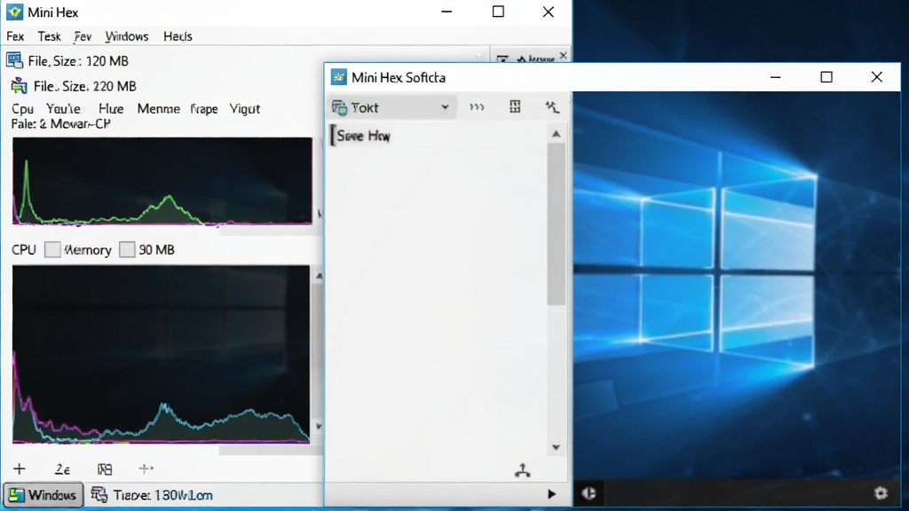 主体为MiniHex软件在Windows任务管理器中运行,CPU和内存占用率极低,旁边显示文件大小数百MB,软件界面流畅响应,布局简洁,风格写实,细节清晰,画质干净