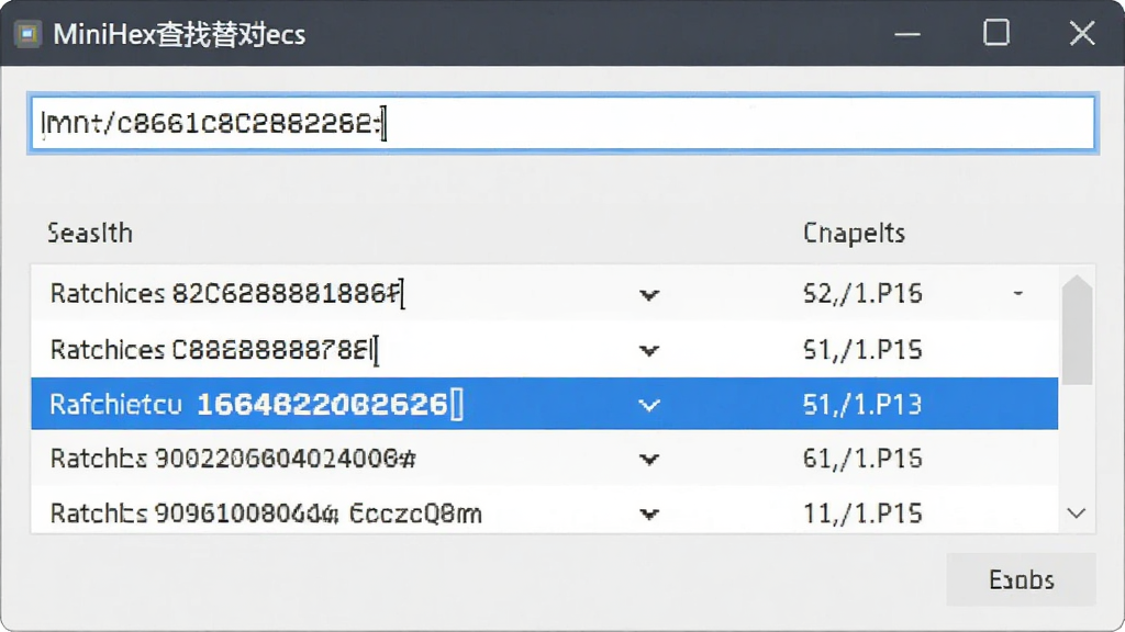 主体为MiniHex查找替换对话框,输入框内输入十六进制数值,下方显示搜索结果列表,高亮匹配项,整体界面清爽,风格扁平化,细节清晰,画质干净