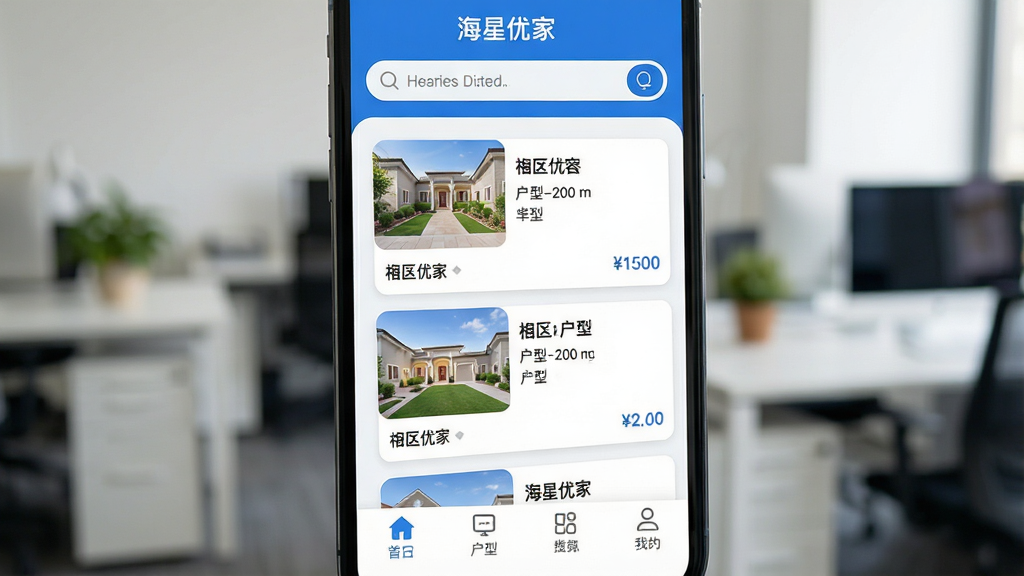 一张智能手机屏幕特写,屏幕上清晰显示“海星优家”APP主界面,界面风格现代简约,以蓝色和白色为主色调,顶部是搜索栏,中间列表展示房源卡片,包含小区名称、户型和价格,底部有四个功能图标,整体布局清晰,画质干净,无多余元素,背景为虚化的办公环境