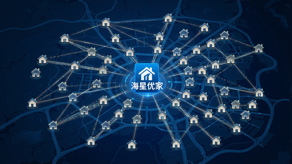 一张数字化的城市地图,上面分布着许多发光的小房子图标,这些图标通过光线连接成一张大网,中心位置有一个“海星优家”的蓝色标志,地图背景为深蓝色科技感风格,布局清晰,展现房源共享、互联互通的理念,画质干净,无多余元素