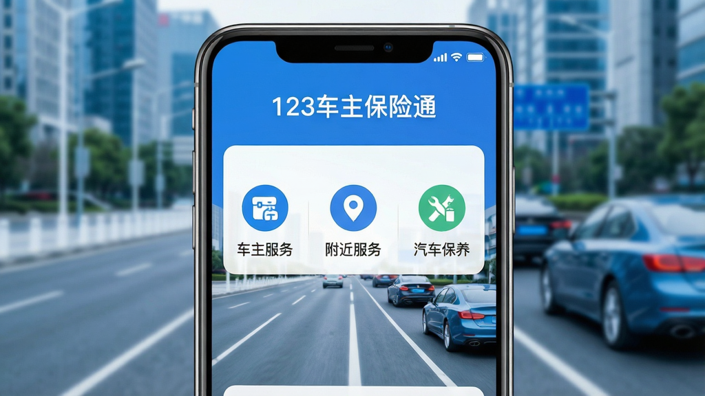 一张智能手机屏幕特写,屏幕中央清晰显示“123车主保险通”APP主界面,界面包含“车主服务”、“附近服务”、“汽车保养”三大功能模块图标,背景为模糊的现代城市道路与汽车,整体色调以蓝色和白色为主,风格简洁明亮,画质高清,干净无多余元素