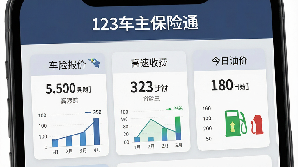 一张手机应用界面截图,顶部显示“123车主保险通”字样,下方分别展示“车险报价”、“高速收费”、“今日油价”等数据卡片,卡片上有数字和图表,背景为浅灰色,风格简洁商务,画质清晰,无多余元素