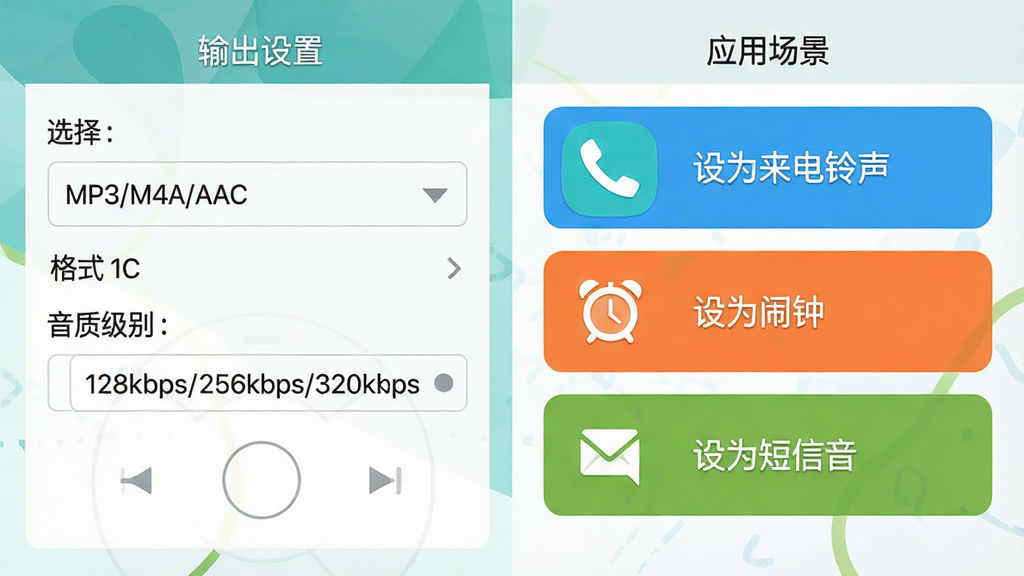 չʾMP3�ֻ�������ȡ���Ķ๦�����ý��棬��������ǡ�������á���壬������ʽѡ��MP3/M4A/AAC�������ʼ���128kbps/256kbps/320kbps����ѡ��Ҳ��ǡ�Ӧ�ó�������ť�б����С���Ϊ����������������Ϊ���ӡ�������Ϊ���������Ȳ�ɫͼ�갴ť����������ƽ����ƣ���ɫ���£�ͼ����Ŀ�����ֺ��������ʸ��壬�޶���Ԫ�ء�