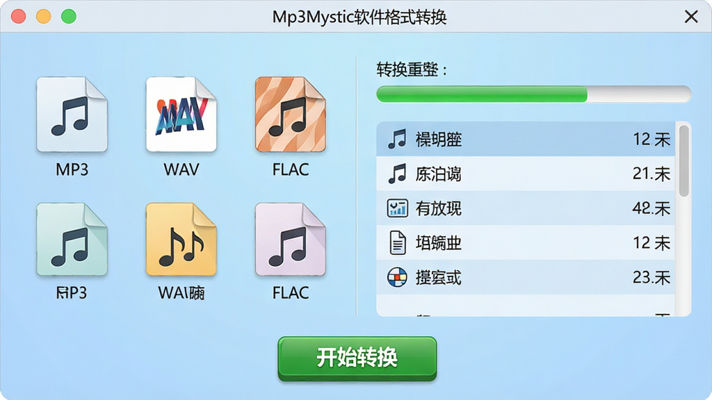 主体:Mp3Mystic软件格式转换界面,左侧列出多种音频格式图标(MP3、WAV、FLAC等),右侧显示转换进度条和文件列表。布局:界面居中,上方有软件标题栏,下方有“开始转换”按钮,背景为淡蓝色渐变。排版:格式图标整齐排列成两行,进度条清晰可见,文件列表显示文件名和大小。风格:扁平化设计,简洁明亮,现代感。细节:每个格式图标带有小音乐符号,进度条颜色为绿色,按钮有立体感。画质:高清,干净,无多余元素。