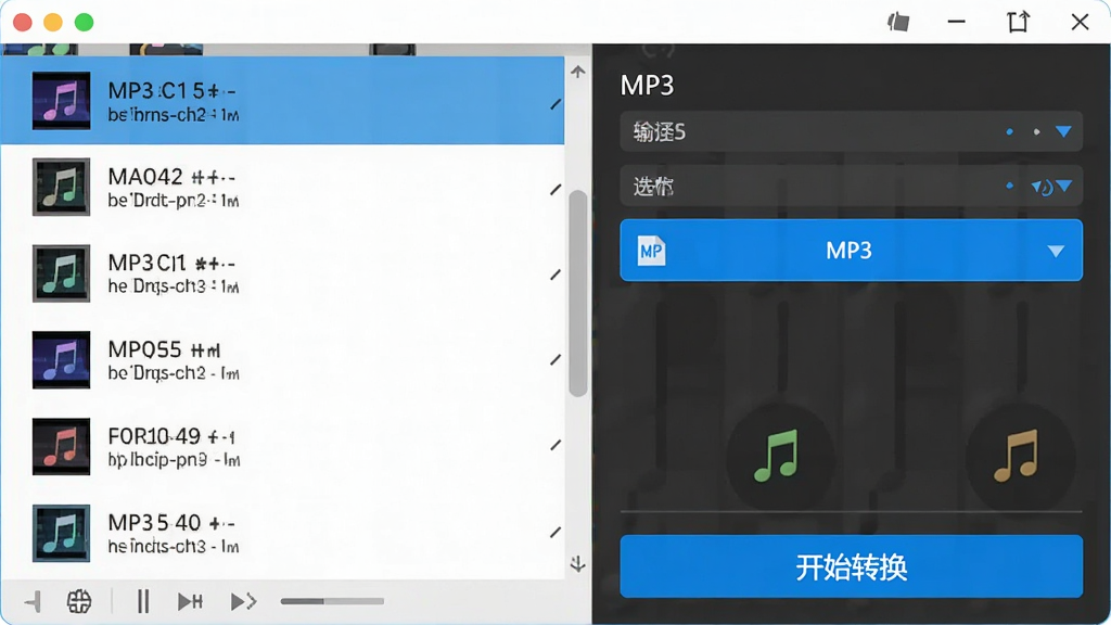 软件主界面拖拽多个音频文件进行批量转换的截图,左侧列表显示多个不同格式的音乐文件,右侧输出格式选择区域高亮显示“MP3”,底部有蓝色“开始转换”按钮,界面采用扁平化设计,色彩明亮,细节清晰,画质干净