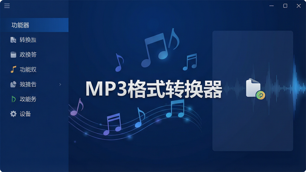 一张现代简约风格的软件主界面展示图,界面以深蓝色为主色调,中心区域清晰显示“MP3格式转换器”字样,左侧为功能列表,右侧为文件拖拽区,背景有音符和波形光效,整体布局干净清爽,画质细腻,无多余元素