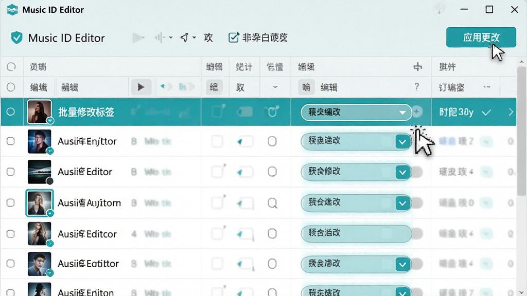 主体:Music ID Editor批量编辑界面,多首歌曲被选中并统一修改;布局:表格形式列出文件,编辑框高亮显示;排版:顶部有“应用更改”按钮;风格:清爽的浅色背景,蓝绿色强调色;细节:显示“批量修改标签”字样,鼠标点击操作;画质:高清,干净,无多余元素