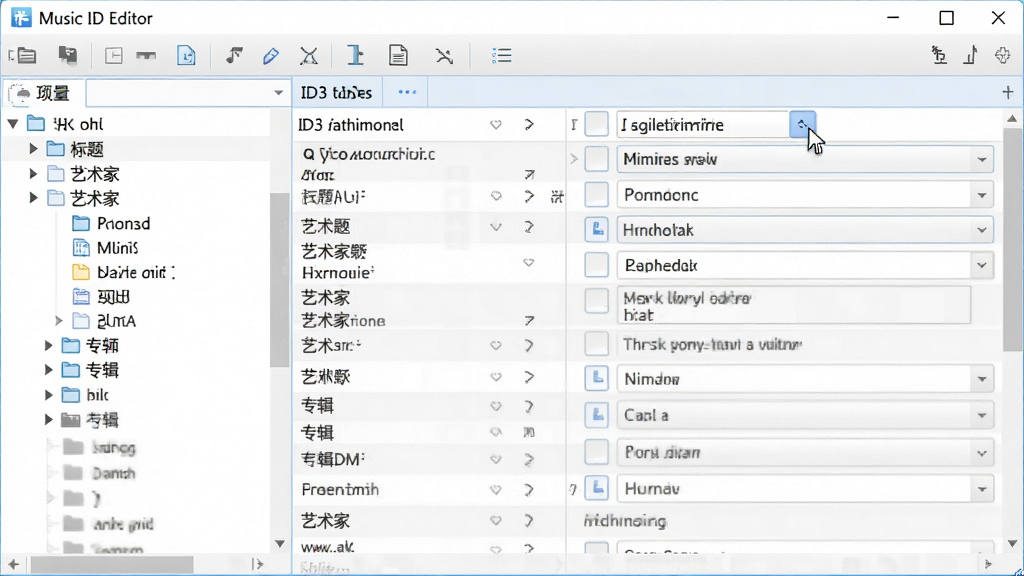 主体:Music ID Editor软件主界面,展示歌曲列表与标签编辑面板;布局:左侧为文件树,右侧为详细的ID3标签字段;排版:清晰的分栏式布局,上方为工具栏;风格:现代扁平化UI设计,蓝白主色调;细节:界面中显示“标题”、“艺术家”、“专辑”等文字,鼠标指针悬停在编辑按钮上;画质:高清,干净,无多余元素