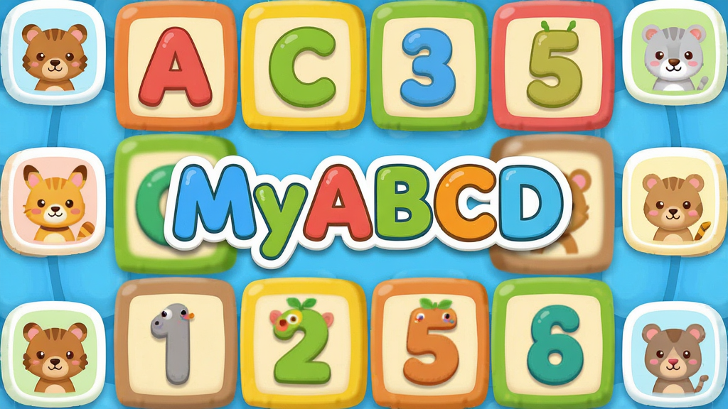 MyABCD儿童学习软件主界面预览图,主体为色彩鲜艳的卡通字母与数字积木,布局采用中心对称,四周环绕可爱小动物图标,排版简洁明快,风格为扁平化儿童插画,细节包含柔和圆角边框,画质高清明亮,干净无多余元素,画面中央显示“MyABCD”艺术字标题