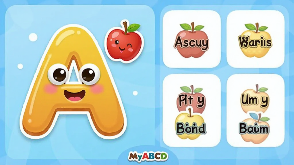 MyABCD字母学习界面,主体为一个大写字母“A”卡通造型,旁边配有苹果图案,布局左侧为字母展示区,右侧为单词图片区,排版采用左右分栏,风格活泼可爱,细节包括字母眼睛和嘴巴,画质清晰柔和,干净无杂乱元素,画面下方有“MyABCD”小标识