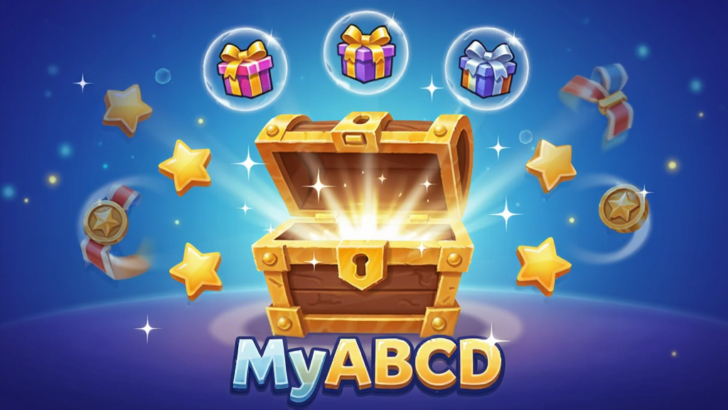 MyABCD奖励宝箱界面,主体为一个打开的宝箱散发光芒,周围环绕星星和勋章,布局中央展示宝箱,上方悬浮奖励图标,排版对称美观,风格梦幻卡通,细节包括光晕和闪烁特效,画质精致闪亮,干净无多余元素,画面底部有“MyABCD”艺术字
