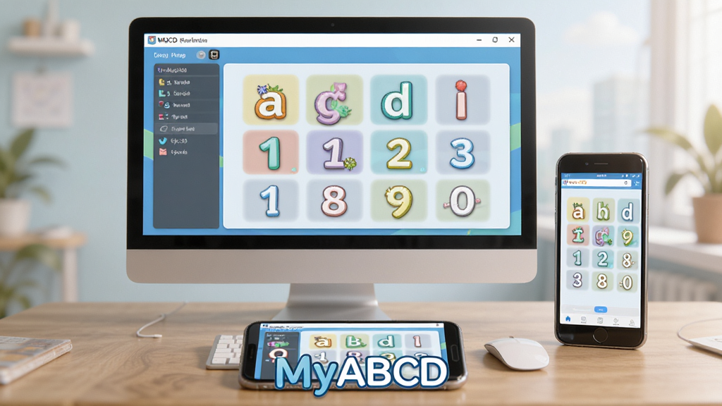 MyABCD使用教程场景图,主体为电脑屏幕显示软件界面,旁边有手机同步显示,布局为前后景分离,电脑在桌面上,手机在下方,排版清晰,风格写实卡通混合,细节包括屏幕上的字母和数字,画质高清,干净无杂乱元素,画面底部有“MyABCD”标志