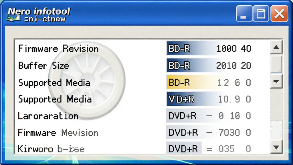 ���壺Nero infotool��������Ŵ�ͼ����ʾ���������б���������Firmware Revision������Buffer Size������Supported Media�����ֶΣ����֣�������У����Ϊ�������ƣ��Ҳ�Ϊ������ֵ���γ��������գ��Ű棺�б�ʽ���֣�ÿ��һ����������Ϣ�������룻���дʵ��ͼ��񣬽���ΪWindows���䴰����ʽ���׵׺��֣���ɫ��������ϸ�ڣ�����ֵʹ�õȿ����壬������ʾ��BD-R���͡�DVD+R�����������ʣ����壬�ɾ����޶���Ԫ�ء�