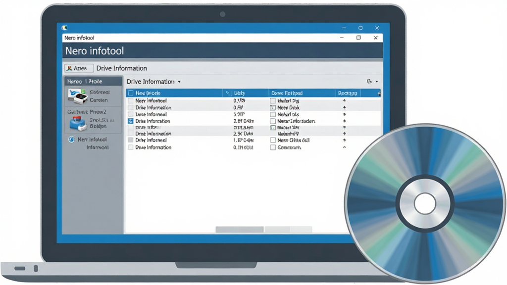 ���壺һ̨�ʼǱ�������Ļ��ʾNero infotool�������棬����������չʾ�����ͺ��������Ϣ�б����Ա߰ڷ�һ�Ź��̣����֣�����λ�ڻ�������ƫ�󣬽������ݷŴ�ͻ���������������½ǣ��Ű棺���ҹ�ͼ�������Խ���Ϊ�����Ҳ����Ϊ����Ԫ�أ���񣺿Ƽ��б�ƽ�廭�����ɫ���ɫΪ��ɫ�������������ϸ�ڣ������е����ֱ�עΪ��Nero infotool���͡�Drive Information�������̱����з���״���������ʣ����壬�ɾ����޶���Ԫ�ء�