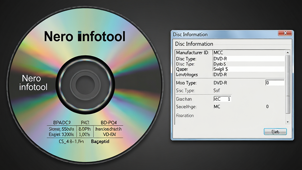 ���壺һ�Ź��̵���д������ӡ�С�Nero infotool�������͹��̲���ͼ�����Ա���ʾ��Disc Information�����ڣ����֣�����ռ�ݻ�����࣬��Ϣ�������Ҳࣻ�Ű棺���ҶԳƣ������봰�ڸ�ռһ�룻��񣺸����Ʒ��Ӱ��񣬹�ӰЧ����ʵ������Ϊ���ɫ���䣻ϸ�ڣ����̱����вʺ�ɫ���䣬��������ʾ��Manufacturer ID: MCC������Disc Type: DVD-R�������֣����ʣ����壬�ɾ����޶���Ԫ�ء�