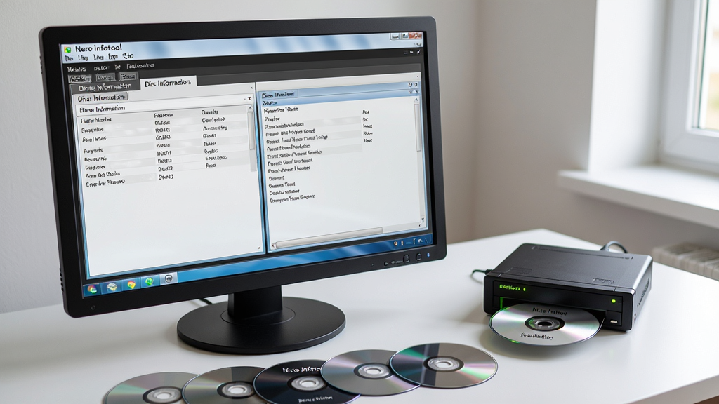 ���壺������Ļ��ʾNero infotool�������н��棬�Ա���һ�����ù������ڶ�ȡ���̣������ϰڷ��ż�Ƭ���̣����֣�������Ļλ�ڻ�������ƫ�󣬹������Ҳ࣬����ɢ�����棻�Ű棺ȫ����ͼ���豸����������ͬʱ�ɼ������дʵ��Ӱ�����Ȼ������������Ϊ����ĵ�������ϸ�ڣ���������������ʾ��Drive Information���͡�Disc Information����ǩ������ָʾ�����𣻻��ʣ����壬�ɾ����޶���Ԫ�ء�