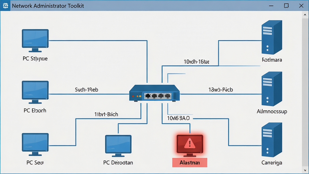 主体:Network Administrator Toolkit软件的网络拓扑图界面,展示多台设备通过线缆连接的结构。布局:中心为交换机,周边连接多台PC和服务器,线条清晰。排版:设备图标带有名称标签,连接线标注带宽。风格:扁平化,浅色背景,设备图标为蓝色系。细节:一台设备高亮显示为红色,表示告警。画质:高清,干净,无多余元素。