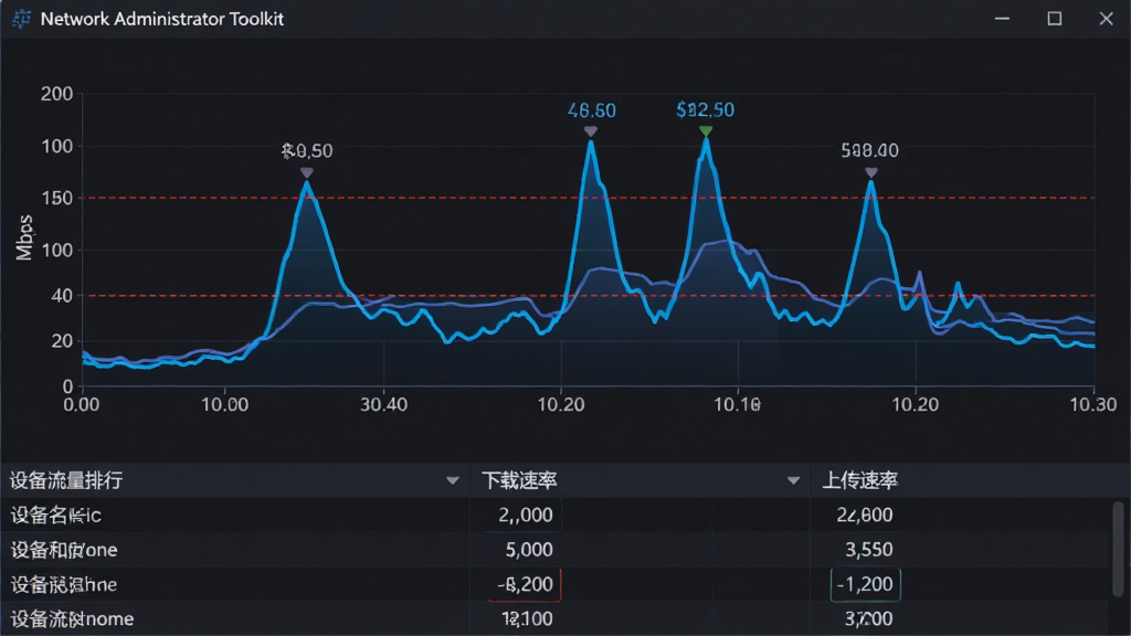 主体:Network Administrator Toolkit软件的流量监控界面,展示实时带宽曲线图。布局:上方为折线图,下方为设备流量排行表格。排版:图表横轴为时间,纵轴为Mbps,表格列出设备名、下载速率、上传速率。风格:深色背景,亮蓝色曲线,数据清晰。细节:峰值点有标注,告警阈值线为红色虚线。画质:高清,干净,无多余元素。