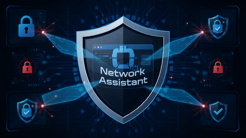 主体为盾牌图标包裹着Network Assistant的界面,周围有扫描光线在探测潜在威胁,背景为深蓝色科技感网络安全界面,布局为中心对称,风格科技感,细节包含锁形图标与安全认证标识,画质高清,干净无多余元素