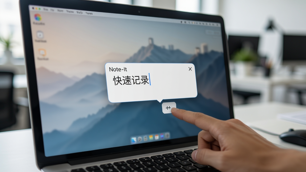 一张动态场景图,电脑屏幕前有一只手指正按下键盘上的快捷键,屏幕中央弹出一个简洁的Note-It悬浮输入框,框中带有“快速记录”文字,背景是模糊的办公环境,画面清晰,突出快捷键操作的便捷性,画质干净,无多余元素
