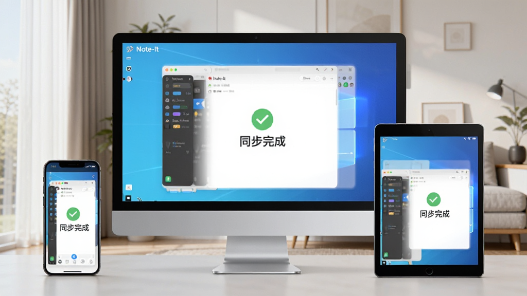 一幅多设备协同工作的场景图,画面中央是一台Windows电脑,左右两侧分别摆放着智能手机和平板电脑,所有设备屏幕上均显示Note-It应用界面,并带有“同步完成”的提示图标,背景为现代家居环境,整体风格明亮,突出跨设备同步的便利性,画质干净,无多余元素